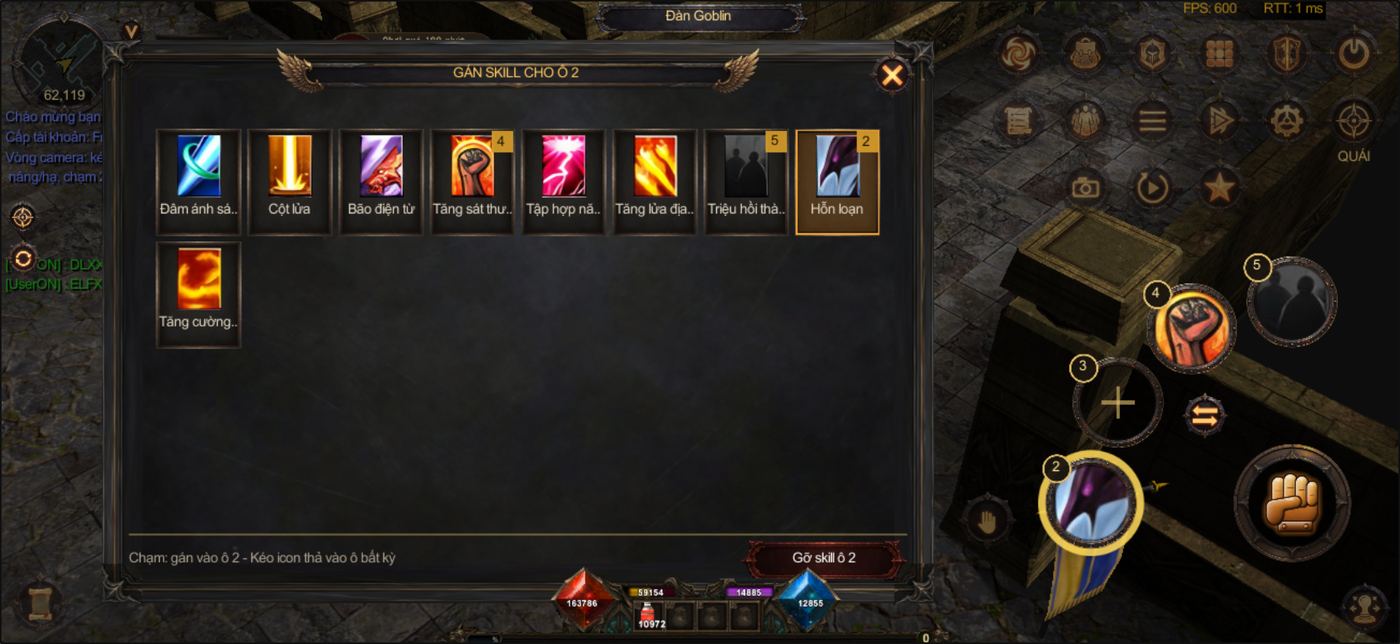 Bảng gán skill cho ô 2 với các biểu tượng skill